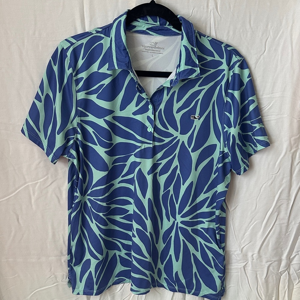 Vineyard Vines Blue and Green Leaf Polo